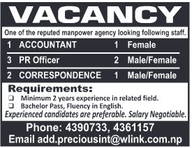 Accountant,PR officer and correspondance