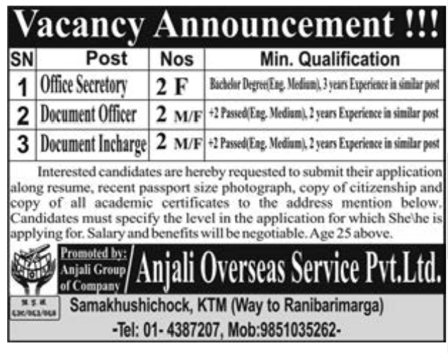 Office Secrectary,Document Officer,Document Incharge