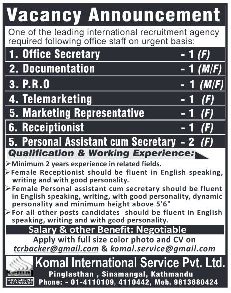 Office secretary, Documentation, P.R.O and others in Nepal