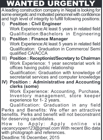 Civil Engineer,Finance Manager,Receptionist &Acccountant